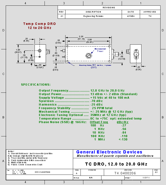 Temperature Compensated DRO 12 to 20 GHz